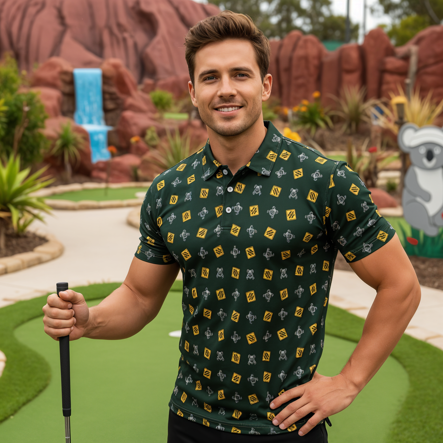 OG Drop Bear Black | Men's Bold Funny Luxury Aussie Golf Polo